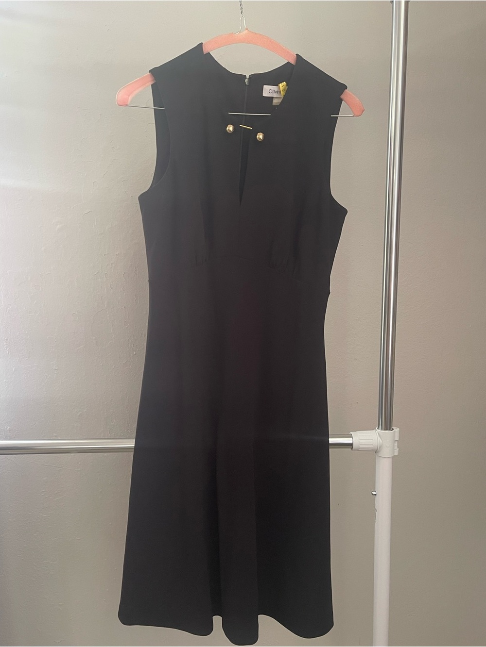 Calvin Klein Black Sleeveless Sheath Dress with Gold Hardware